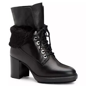 Aquatalia Women's Black Leather Heel Lace Up Fur Collar Boot Lug Rubber Sole 6